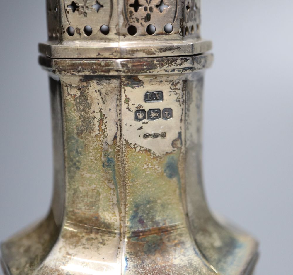A 1930s silver octagonal sugar caster, 18cm, 5.5oz.